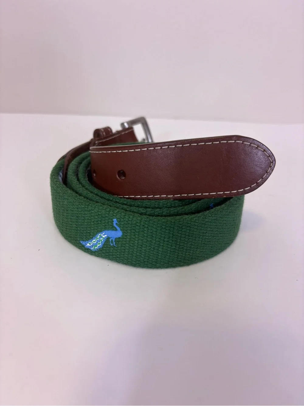 Peter Millar Green Canvas Peacock Embroidery & Logo in White Stripes Belt Men’40